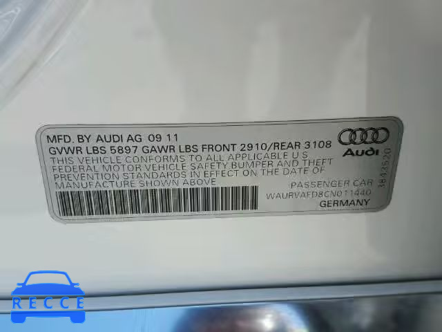 2012 AUDI A8 L QUATT WAURVAFD8CN011440 зображення 9