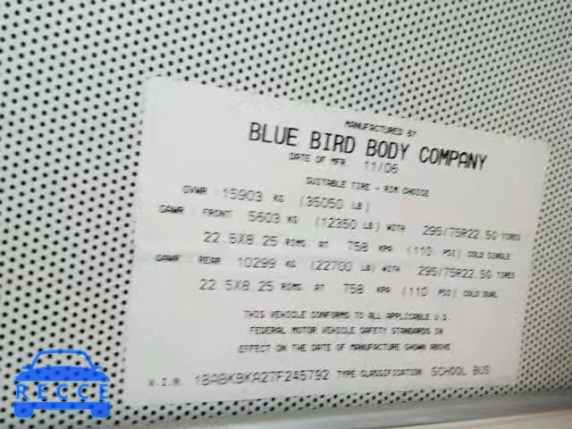 2007 BLUE BIRD SCHOOL/TRA 1BABKBKA27F245792 image 9