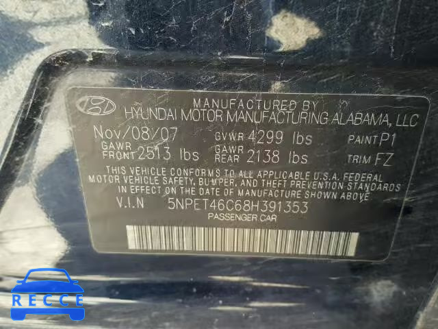 2008 HYUNDAI SONATA 5NPET46C68H391353 image 9