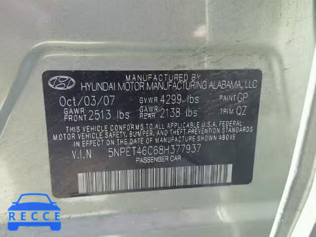 2008 HYUNDAI SONATA 5NPET46C68H377937 image 9