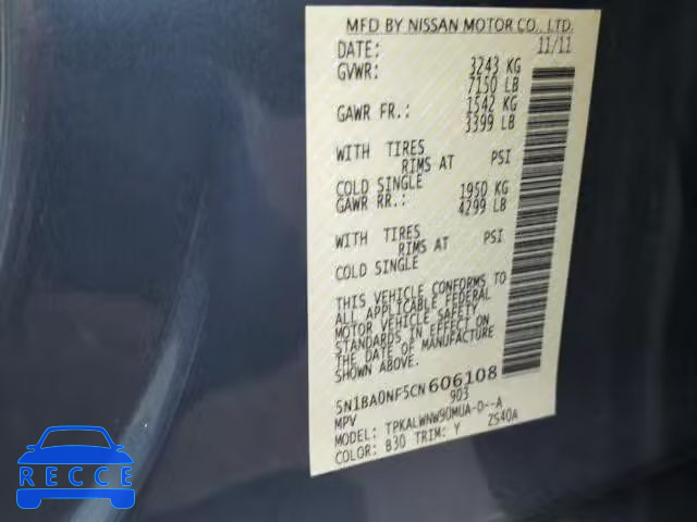 2012 NISSAN ARMADA PLA 5N1BA0NF5CN606108 зображення 9