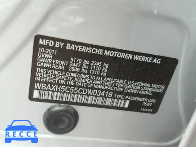 2012 BMW 528XI WBAXH5C55CDW03418 зображення 9