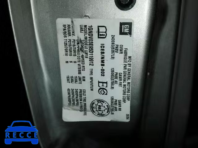 2005 CHEVROLET VENTURE 1GNDV03E95D119912 image 9