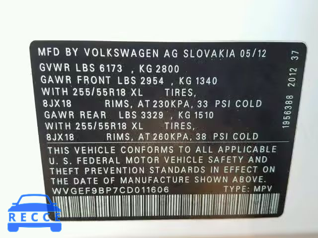 2012 VOLKSWAGEN TOUAREG V6 WVGEF9BP7CD011606 зображення 9