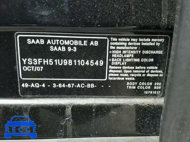 2008 SAAB 9-3 AERO YS3FH51U981104549 зображення 9