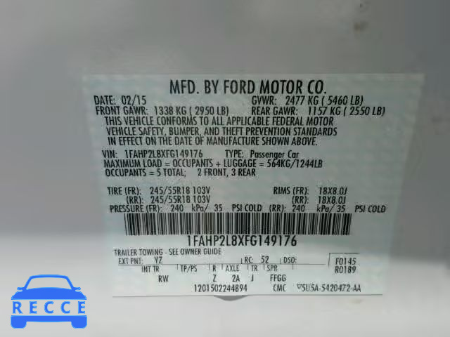 2015 FORD TAURUS POL 1FAHP2L8XFG149176 image 9