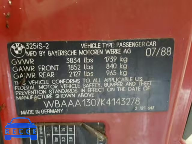 1989 BMW 325I/IS WBAAA1307K4143278 зображення 9