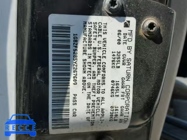 2000 SATURN SL 1G8ZF5285YZ267609 image 9