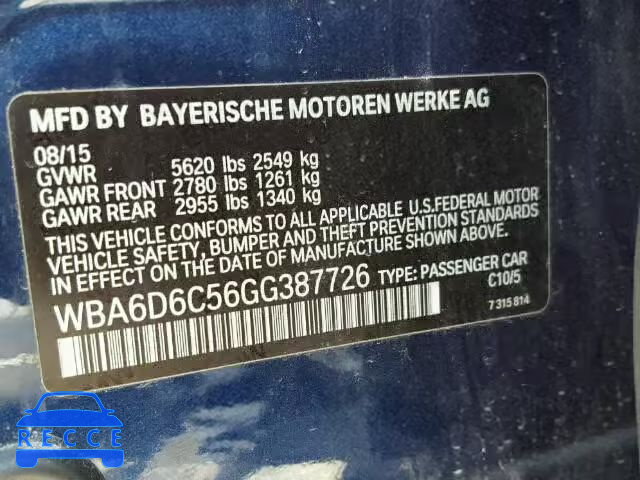 2016 BMW 650XI GRAN WBA6D6C56GG387726 зображення 9