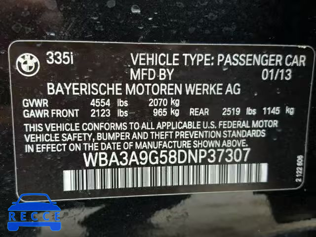 2013 BMW 335I WBA3A9G58DNP37307 зображення 9