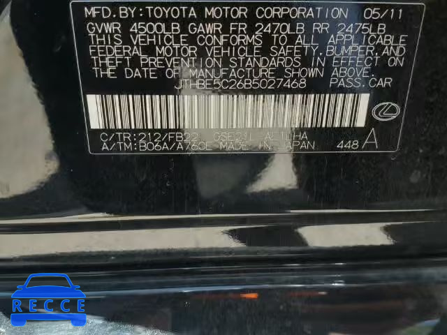 2011 LEXUS IS350 JTHBE5C26B5027468 image 9