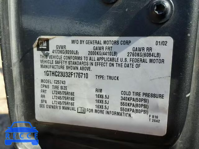 2002 GMC SIERRA C25 1GTHC23U32F176710 image 9