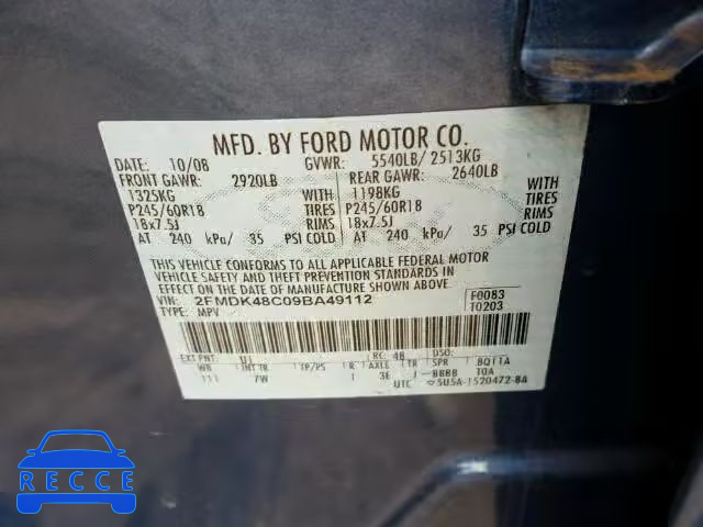 2009 FORD EDGE SEL A 2FMDK48C09BA49112 image 9