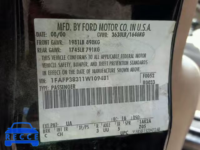 2001 FORD FOCUS ZTS 1FAFP38311W109481 image 9