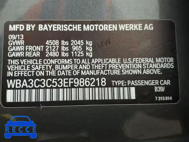 2014 BMW 320I XDRIV WBA3C3C53EF986218 зображення 9