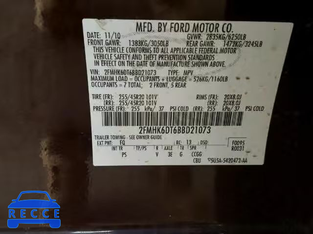 2011 FORD FLEX LIMIT 2FMHK6DT6BBD21073 зображення 9