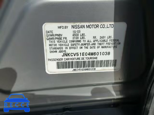 2004 INFINITI G35 4DOOR JNKCV51E04M601038 зображення 9