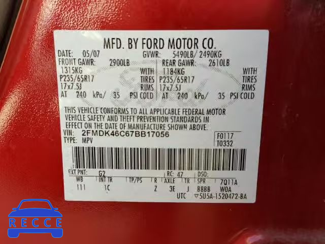 2007 FORD EDGE SE AW 2FMDK46C67BB17056 зображення 9