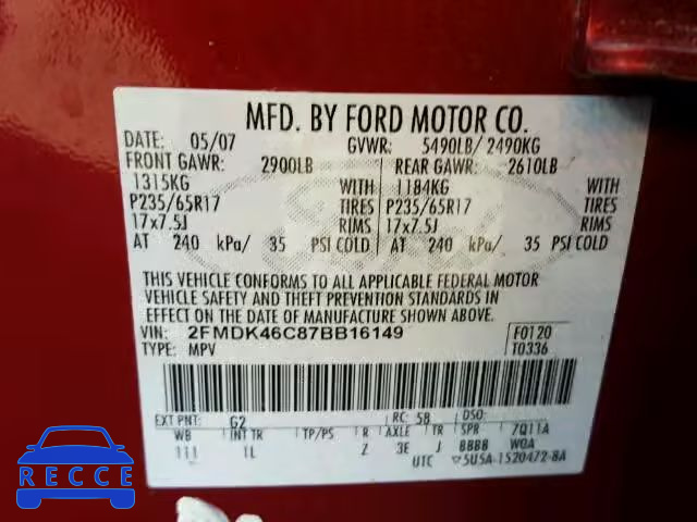 2007 FORD EDGE SE AW 2FMDK46C87BB16149 зображення 9