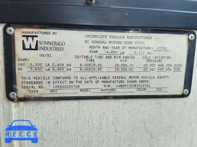 1992 OTHR WINNEBAGO 1GBKP37N3M3315701 image 9