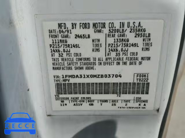 1991 FORD AEROSTAR 1FMDA31X0MZB03704 image 9