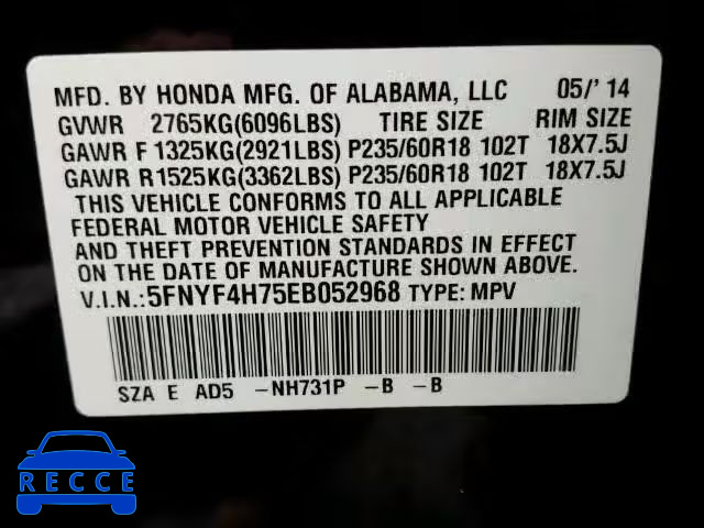 2014 HONDA PILOT EXLN 5FNYF4H75EB052968 image 9