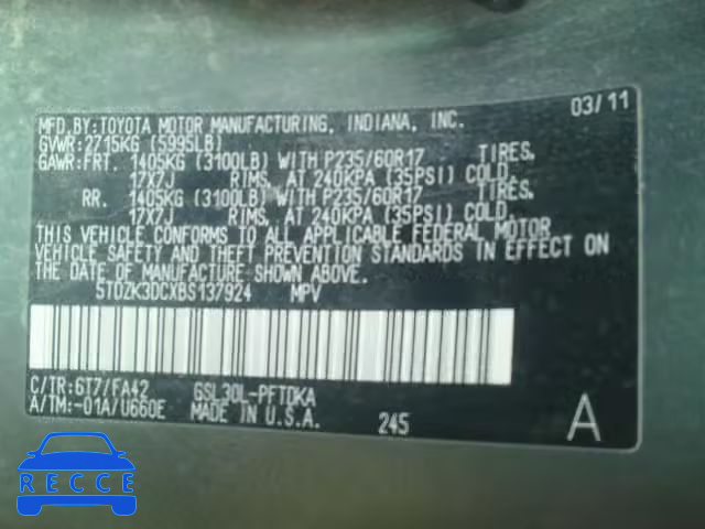 2011 TOYOTA SIENNA 5TDZK3DCXBS137924 image 9