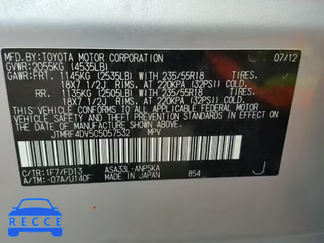 2012 TOYOTA RAV4 SPORT JTMRF4DV5C5057532 image 9