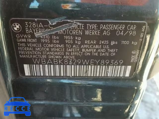 1998 BMW 328IC AUTO WBABK8329WEY89369 image 9