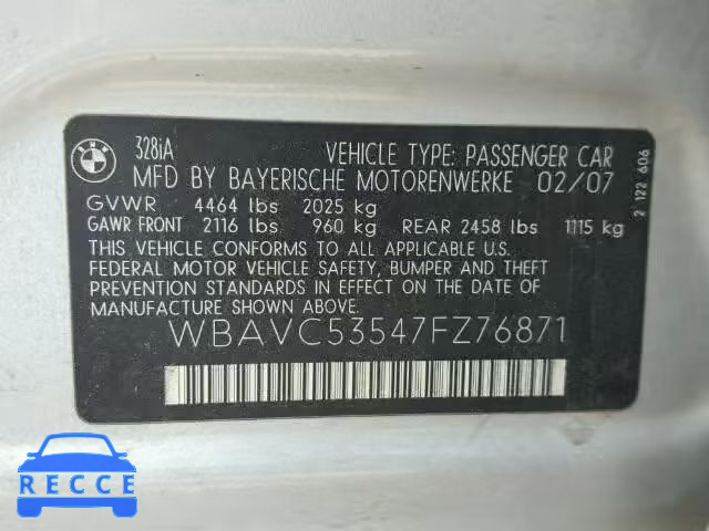 2007 BMW 328I SULEV WBAVC53547FZ76871 image 9