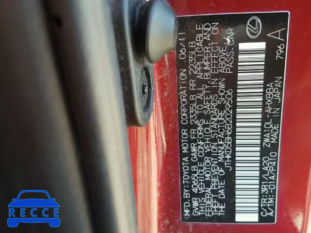 2011 LEXUS CT200H JTHKD5BH6B2029506 image 9