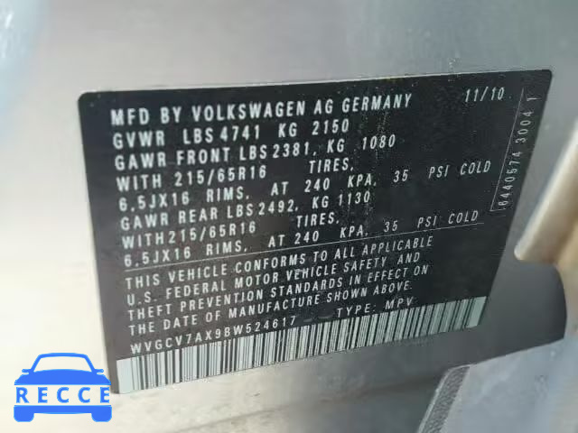 2011 VOLKSWAGEN TIGUAN S WVGCV7AX9BW524617 image 9