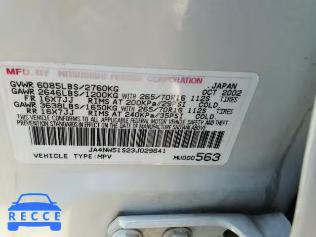 2003 MITSUBISHI MONTERO LI JA4NW51S23J029641 image 9