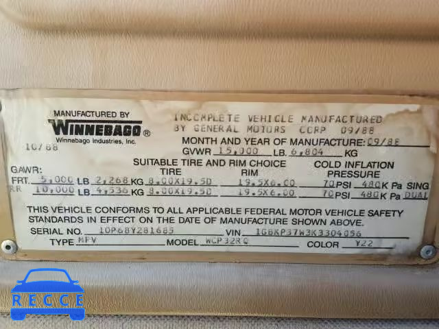 1989 CHEVROLET P30 1GBKP37W3K3304056 image 9