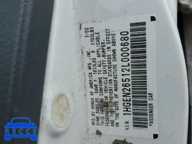 2002 HONDA CIVIC GX 1HGEN26512L000680 image 9