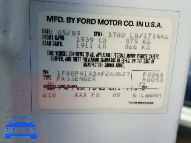1989 FORD MUSTANG LX 1FABP41A3KF260627 image 9