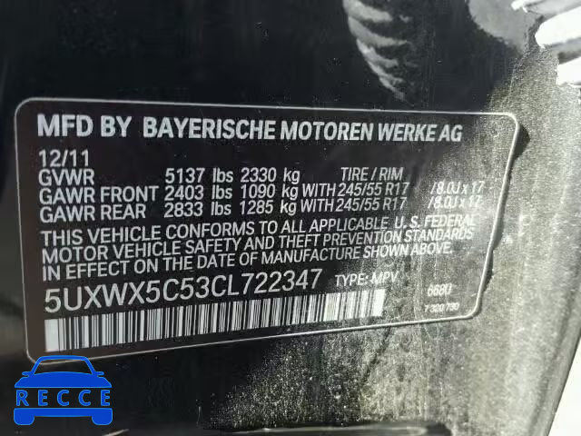 2012 BMW X3 XDRIVE2 5UXWX5C53CL722347 зображення 9