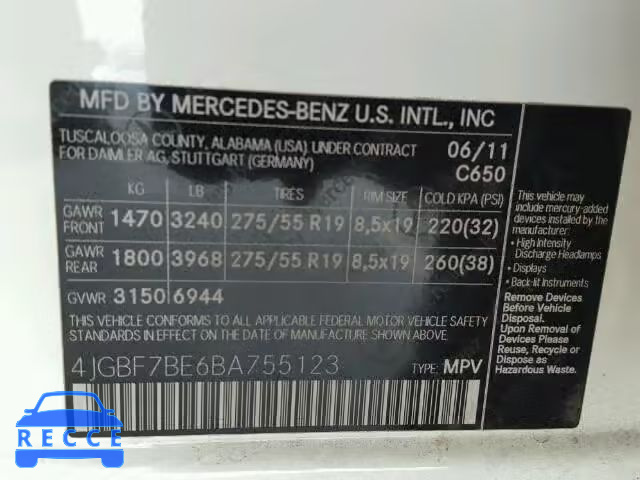 2011 MERCEDES-BENZ GL450 4 MA 4JGBF7BE6BA755123 зображення 9