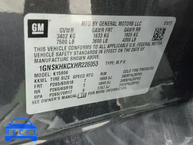 2017 CHEVROLET SUBURBAN K 1GNSKHKCXHR226053 image 9