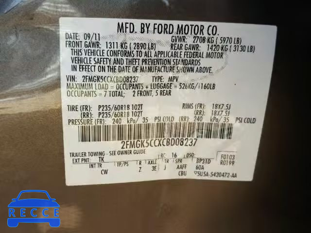 2012 FORD FLEX SEL 2FMGK5CCXCBD08237 зображення 9