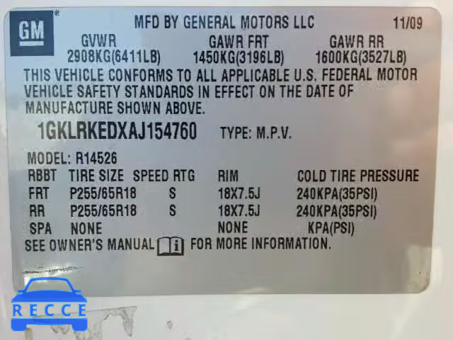 2010 GMC ACADIA SL 1GKLRKEDXAJ154760 Bild 9