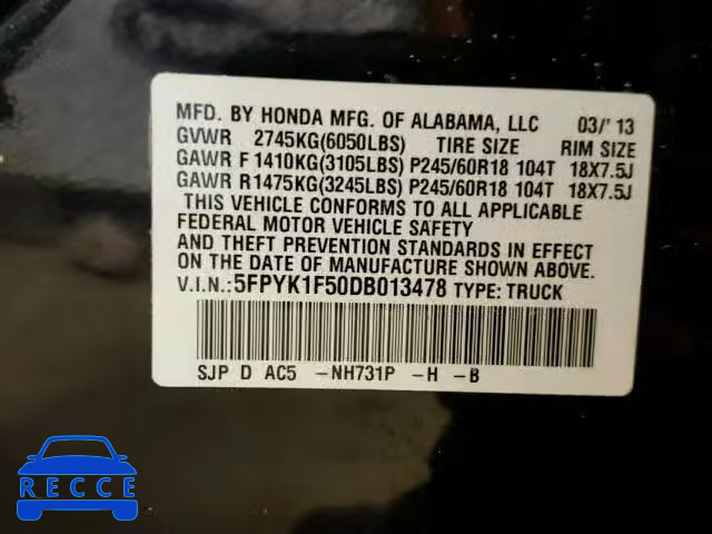 2013 HONDA RIDGELINE 5FPYK1F50DB013478 image 9