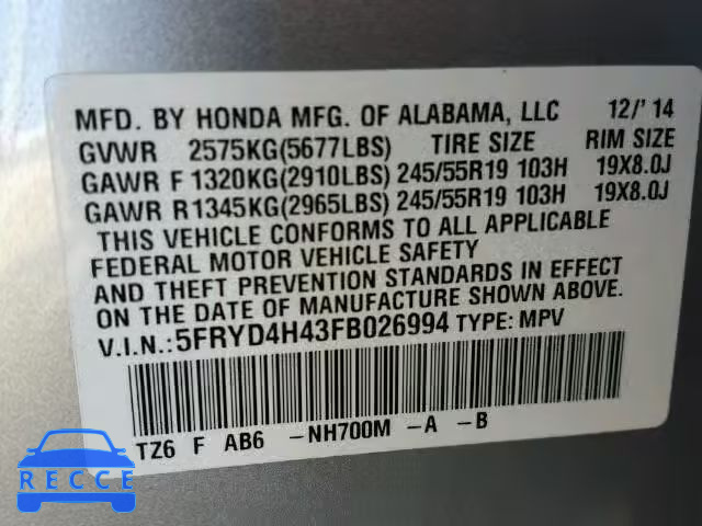 2015 ACURA MDX TECH 5FRYD4H43FB026994 зображення 9