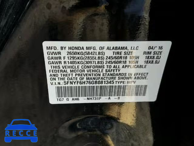 2016 HONDA PILOT EXLN 5FNYF6H76GB081345 image 9