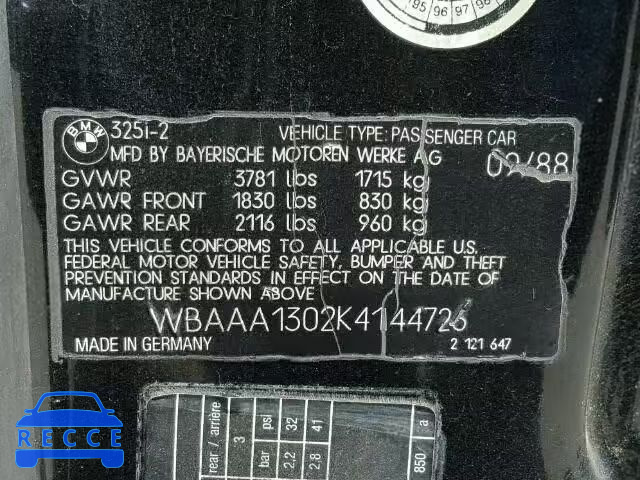 1989 BMW 325I/IS WBAAA1302K4144726 image 9
