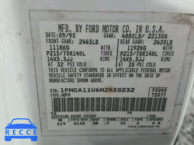 1991 FORD AEROSTAR 1FMCA11U6MZA30232 image 9