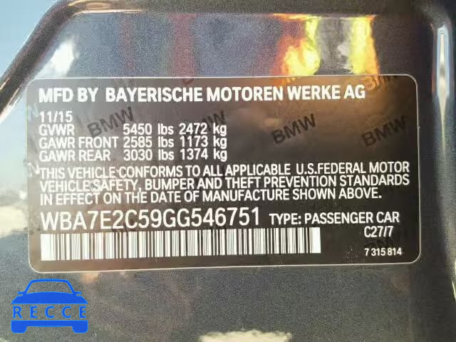 2016 BMW 740I WBA7E2C59GG546751 зображення 9