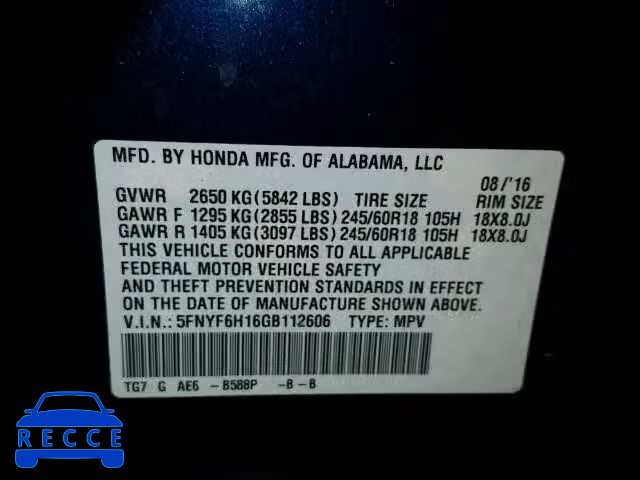 2016 HONDA PILOT LX 5FNYF6H16GB112606 image 9