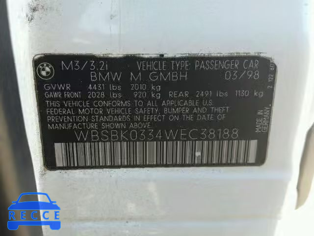 1998 BMW M3 AUTOMATICAT WBSBK0334WEC38188 зображення 9