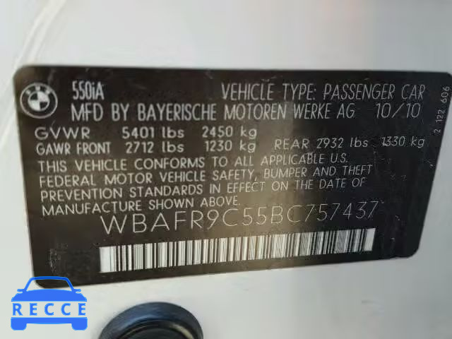 2011 BMW 550I WBAFR9C55BC757437 зображення 9